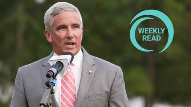 Jay Monahan is pictured speaking at the 2022 Presidents Cup at Quail Hollow in North Carolina, along with the SI Golf Weekly Read logo.